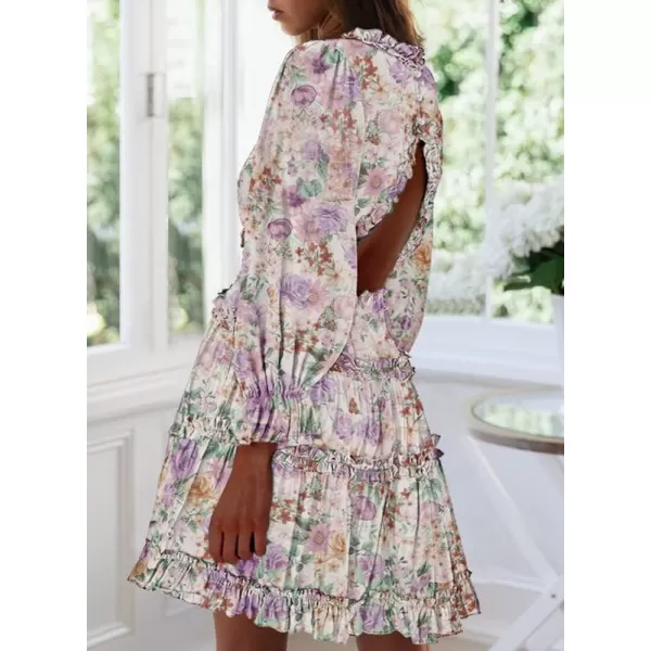Dokotoo Womens 2023 Fall Deep V Neck Ruffle Long Sleeve Floral Print Mini Dress