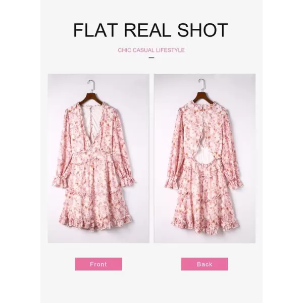 Dokotoo Womens 2023 Fall Deep V Neck Ruffle Long Sleeve Floral Print Mini Dress