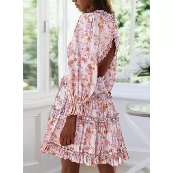 Dokotoo Womens 2023 Fall Deep V Neck Ruffle Long Sleeve Floral Print Mini Dress