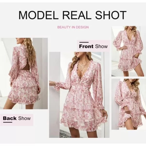 Dokotoo Womens 2023 Fall Deep V Neck Ruffle Long Sleeve Floral Print Mini Dress