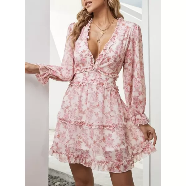 Dokotoo Womens 2023 Fall Deep V Neck Ruffle Long Sleeve Floral Print Mini Dress