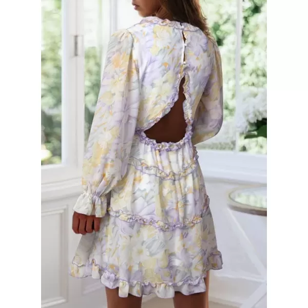 Dokotoo Womens 2023 Fall Deep V Neck Ruffle Long Sleeve Floral Print Mini Dress