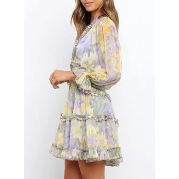 Dokotoo Womens 2023 Fall Deep V Neck Ruffle Long Sleeve Floral Print Mini Dress