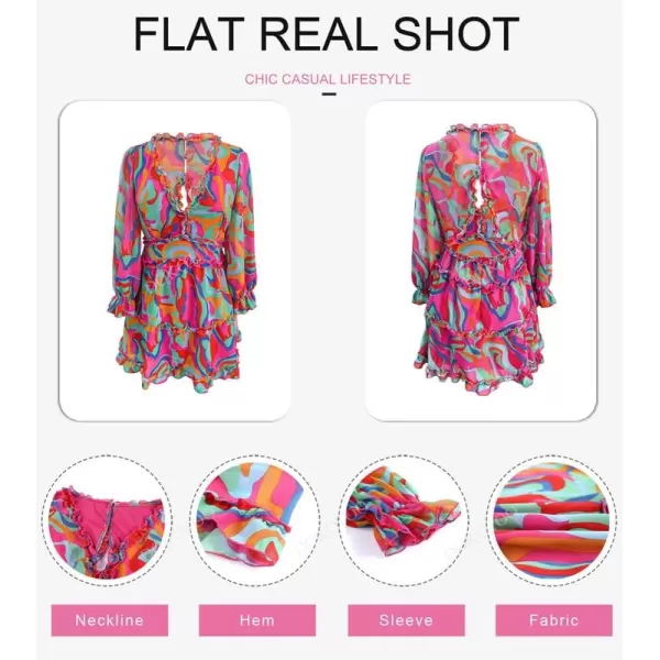 Dokotoo Womens 2023 Fall Deep V Neck Ruffle Long Sleeve Floral Print Mini Dress
