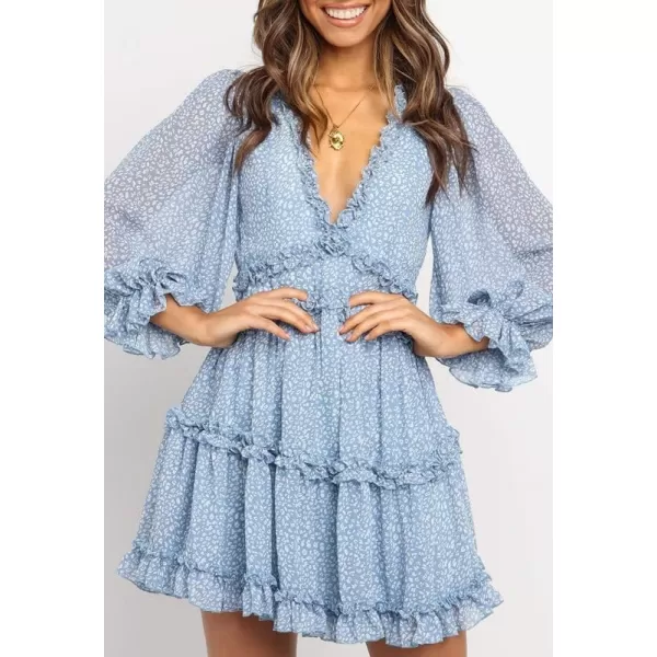 Dokotoo Womens 2023 Fall Deep V Neck Ruffle Long Sleeve Floral Print Mini Dress