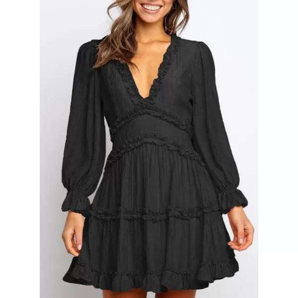 Dokotoo Womens 2023 Fall Deep V Neck Ruffle Long Sleeve Floral Print Mini Dress