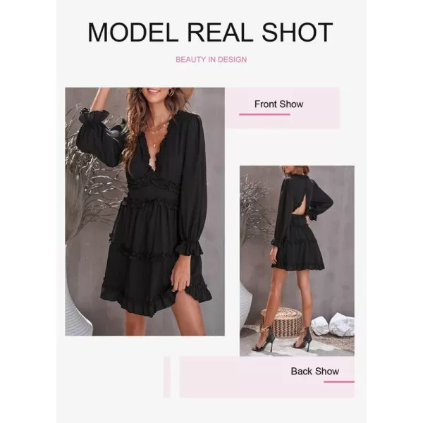 Dokotoo Womens 2023 Fall Deep V Neck Ruffle Long Sleeve Floral Print Mini Dress
