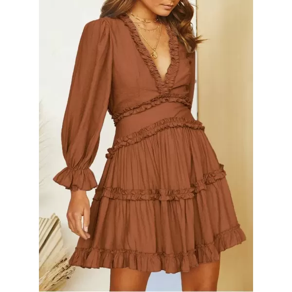 Dokotoo Womens 2023 Fall Deep V Neck Ruffle Long Sleeve Floral Print Mini Dress