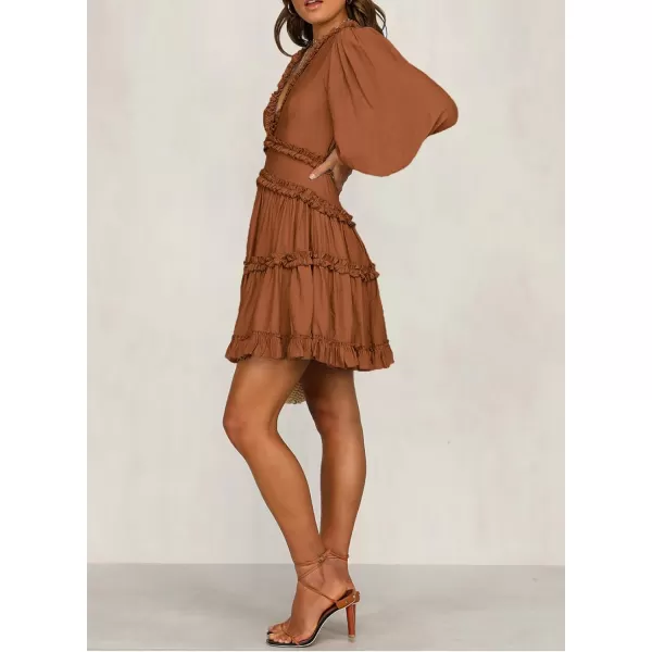 Dokotoo Womens 2023 Fall Deep V Neck Ruffle Long Sleeve Floral Print Mini Dress