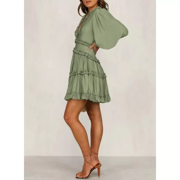 Dokotoo Womens 2023 Fall Deep V Neck Ruffle Long Sleeve Floral Print Mini Dress