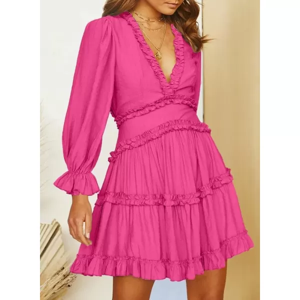 Dokotoo Womens 2023 Fall Deep V Neck Ruffle Long Sleeve Floral Print Mini Dress