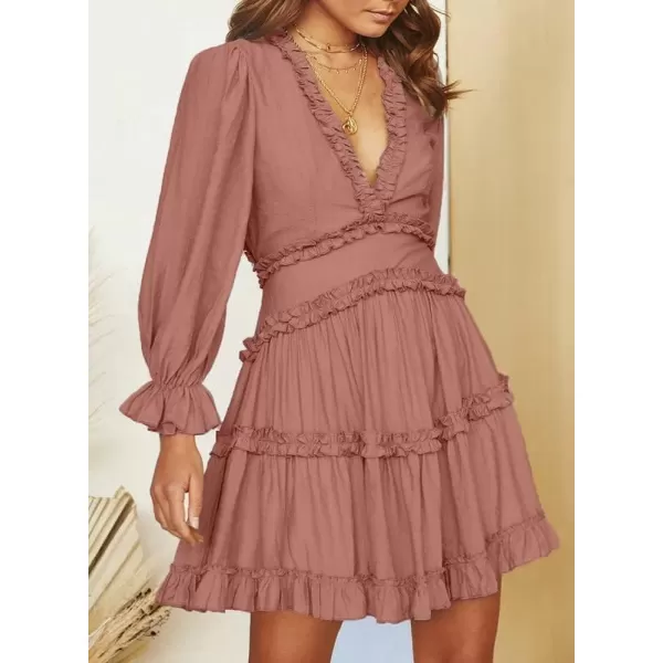 Dokotoo Womens 2023 Fall Deep V Neck Ruffle Long Sleeve Floral Print Mini Dress