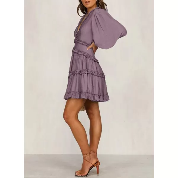 Dokotoo Womens 2023 Fall Deep V Neck Ruffle Long Sleeve Floral Print Mini Dress
