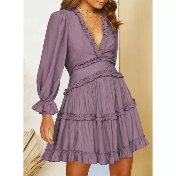Dokotoo Womens 2023 Fall Deep V Neck Ruffle Long Sleeve Floral Print Mini Dress