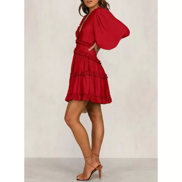 Dokotoo Womens 2023 Fall Deep V Neck Ruffle Long Sleeve Floral Print Mini Dress