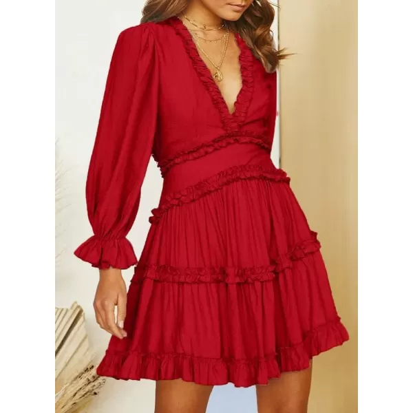 Dokotoo Womens 2023 Fall Deep V Neck Ruffle Long Sleeve Floral Print Mini Dress