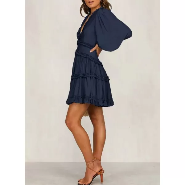 Dokotoo Womens 2023 Fall Deep V Neck Ruffle Long Sleeve Floral Print Mini Dress