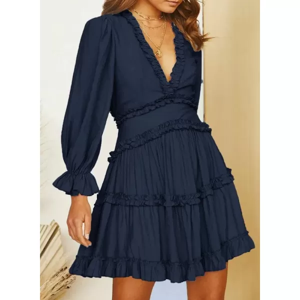 Dokotoo Womens 2023 Fall Deep V Neck Ruffle Long Sleeve Floral Print Mini Dress
