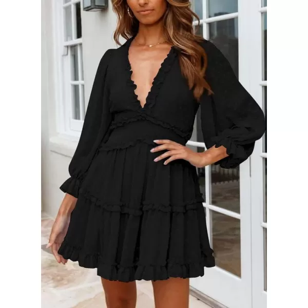 Dokotoo Womens 2023 Fall Deep V Neck Ruffle Long Sleeve Floral Print Mini Dress