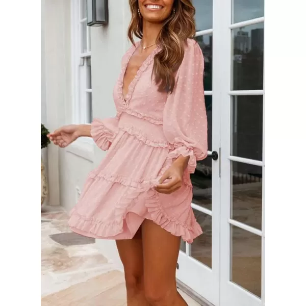 Dokotoo Womens 2023 Fall Deep V Neck Ruffle Long Sleeve Floral Print Mini Dress