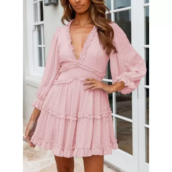 Dokotoo Womens 2023 Fall Deep V Neck Ruffle Long Sleeve Floral Print Mini Dress