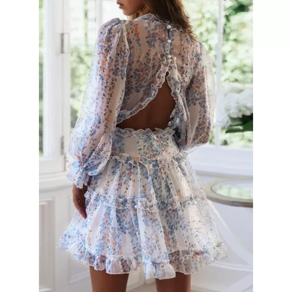 Dokotoo Womens 2023 Fall Deep V Neck Ruffle Long Sleeve Floral Print Mini Dress