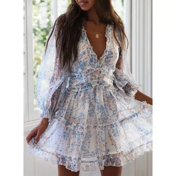Dokotoo Womens 2023 Fall Deep V Neck Ruffle Long Sleeve Floral Print Mini Dress