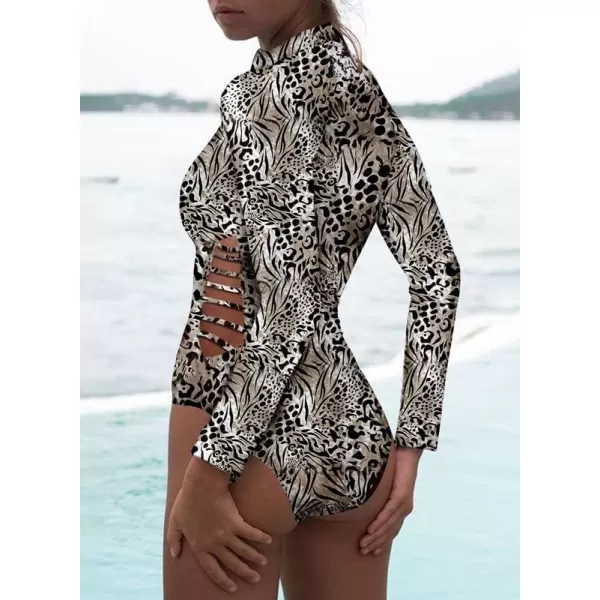 Dokotoo Women's 2023 Fashion Leopard Print Zip Front Long Sleeve One Piece Swimsuit Surfing Rash Guard