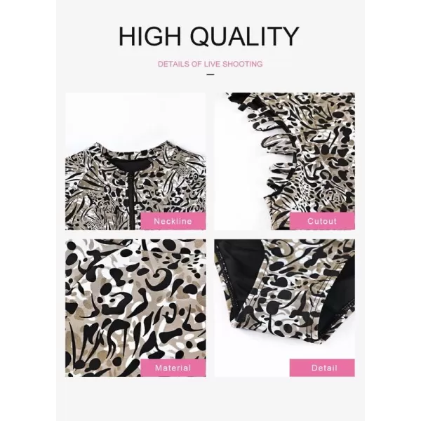 Dokotoo Women's 2023 Fashion Leopard Print Zip Front Long Sleeve One Piece Swimsuit Surfing Rash Guard