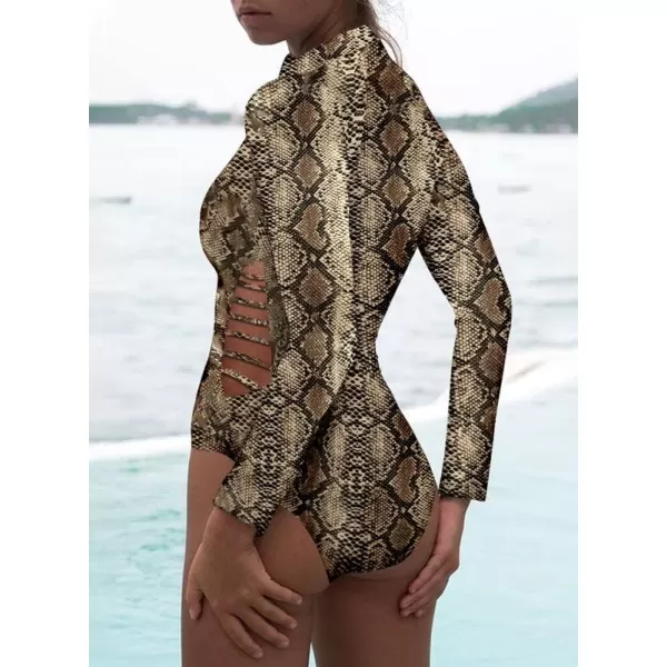 Dokotoo Women's 2023 Fashion Leopard Print Zip Front Long Sleeve One Piece Swimsuit Surfing Rash Guard
