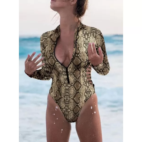 Dokotoo Women's 2023 Fashion Leopard Print Zip Front Long Sleeve One Piece Swimsuit Surfing Rash Guard