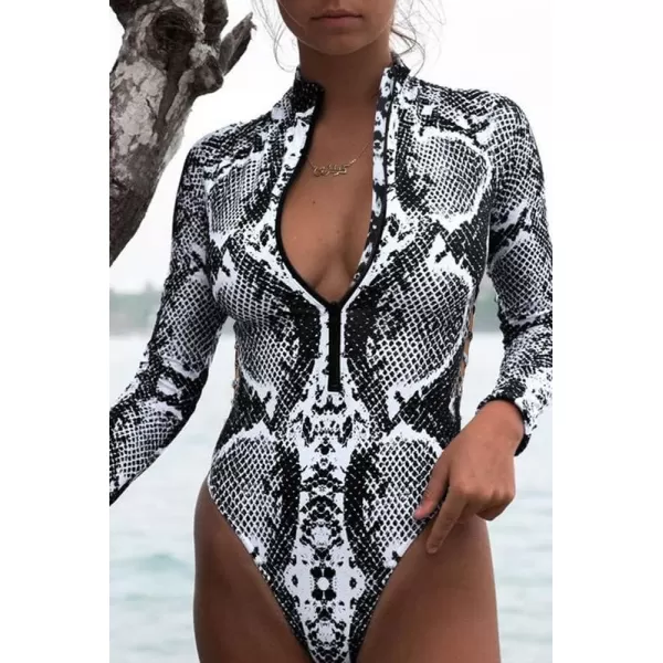 Dokotoo Women's 2023 Fashion Leopard Print Zip Front Long Sleeve One Piece Swimsuit Surfing Rash Guard