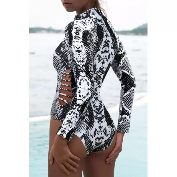 Dokotoo Women's 2023 Fashion Leopard Print Zip Front Long Sleeve One Piece Swimsuit Surfing Rash Guard