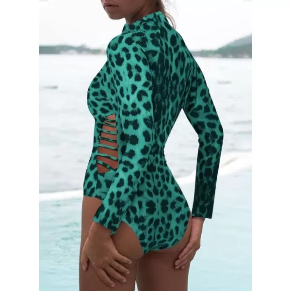 Dokotoo Women's 2023 Fashion Leopard Print Zip Front Long Sleeve One Piece Swimsuit Surfing Rash Guard