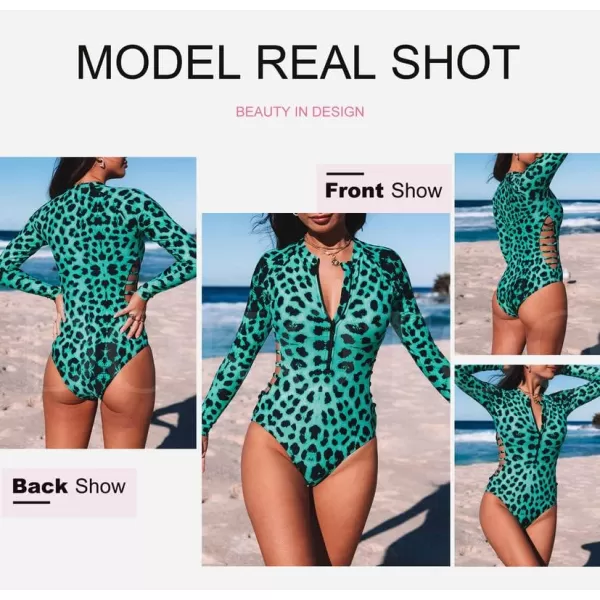 Dokotoo Women's 2023 Fashion Leopard Print Zip Front Long Sleeve One Piece Swimsuit Surfing Rash Guard