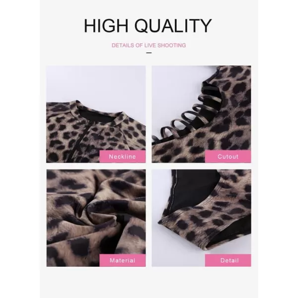 Dokotoo Women's 2023 Fashion Leopard Print Zip Front Long Sleeve One Piece Swimsuit Surfing Rash Guard