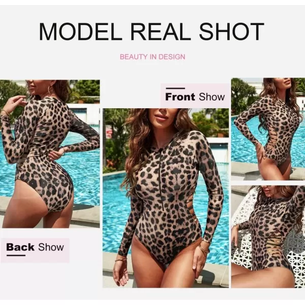 Dokotoo Women's 2023 Fashion Leopard Print Zip Front Long Sleeve One Piece Swimsuit Surfing Rash Guard