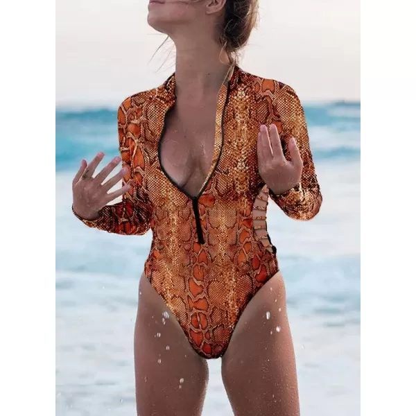 Dokotoo Women's 2023 Fashion Leopard Print Zip Front Long Sleeve One Piece Swimsuit Surfing Rash Guard