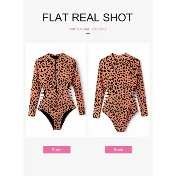 Dokotoo Women's 2023 Fashion Leopard Print Zip Front Long Sleeve One Piece Swimsuit Surfing Rash Guard