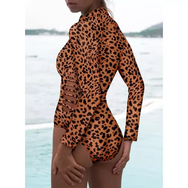 Dokotoo Women's 2023 Fashion Leopard Print Zip Front Long Sleeve One Piece Swimsuit Surfing Rash Guard