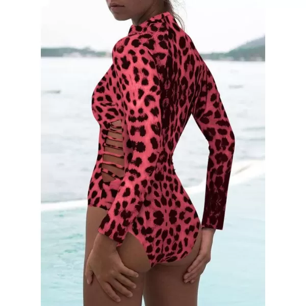 Dokotoo Women's 2023 Fashion Leopard Print Zip Front Long Sleeve One Piece Swimsuit Surfing Rash Guard