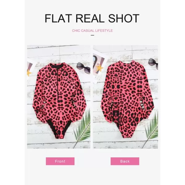 Dokotoo Women's 2023 Fashion Leopard Print Zip Front Long Sleeve One Piece Swimsuit Surfing Rash Guard