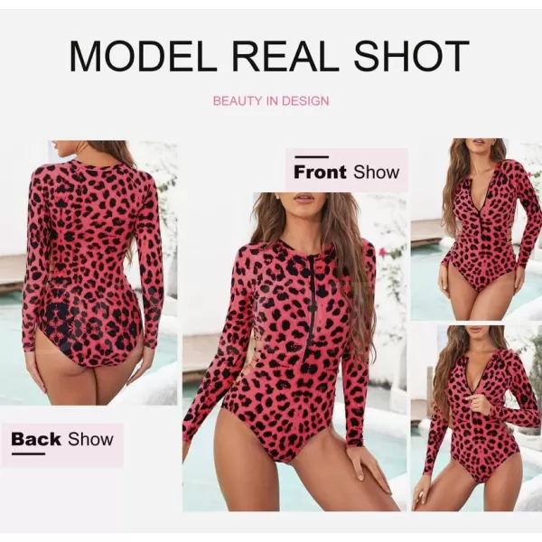 Dokotoo Women's 2023 Fashion Leopard Print Zip Front Long Sleeve One Piece Swimsuit Surfing Rash Guard