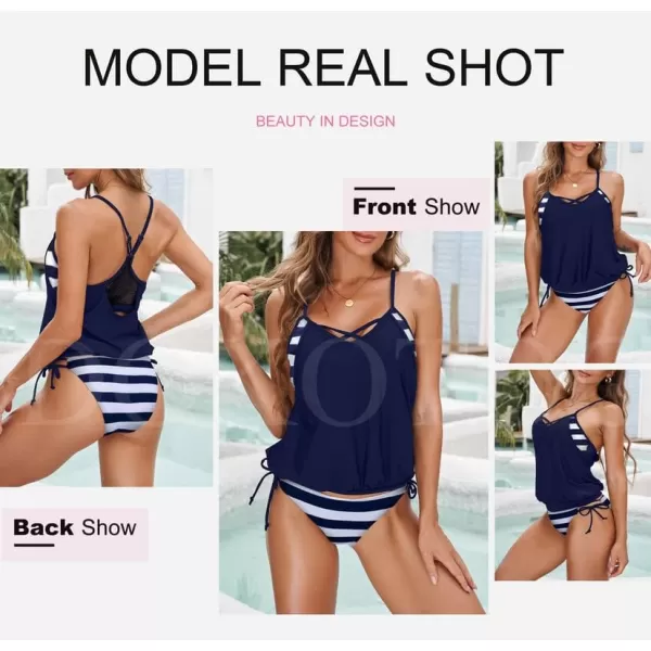 Dokotoo Womens 2023 Fashion Stripes Print Lined Up Double Up Tankini Sets Swimsuits Bathing Suit Swimwear 