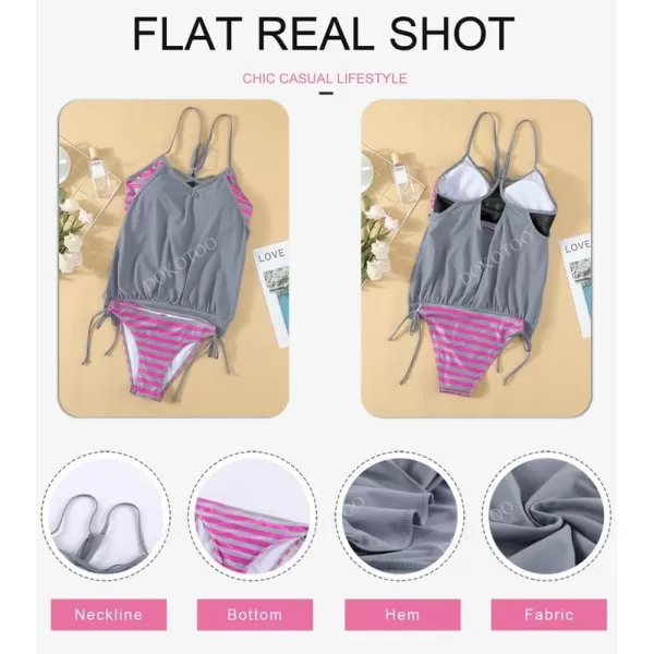 Dokotoo Womens 2023 Fashion Stripes Print Lined Up Double Up Tankini Sets Swimsuits Bathing Suit Swimwear 
