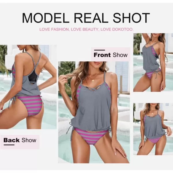 Dokotoo Womens 2023 Fashion Stripes Print Lined Up Double Up Tankini Sets Swimsuits Bathing Suit Swimwear 