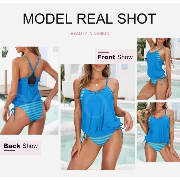 Dokotoo Womens 2023 Fashion Stripes Print Lined Up Double Up Tankini Sets Swimsuits Bathing Suit Swimwear 