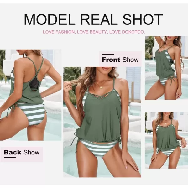 Dokotoo Womens 2023 Fashion Stripes Print Lined Up Double Up Tankini Sets Swimsuits Bathing Suit Swimwear 