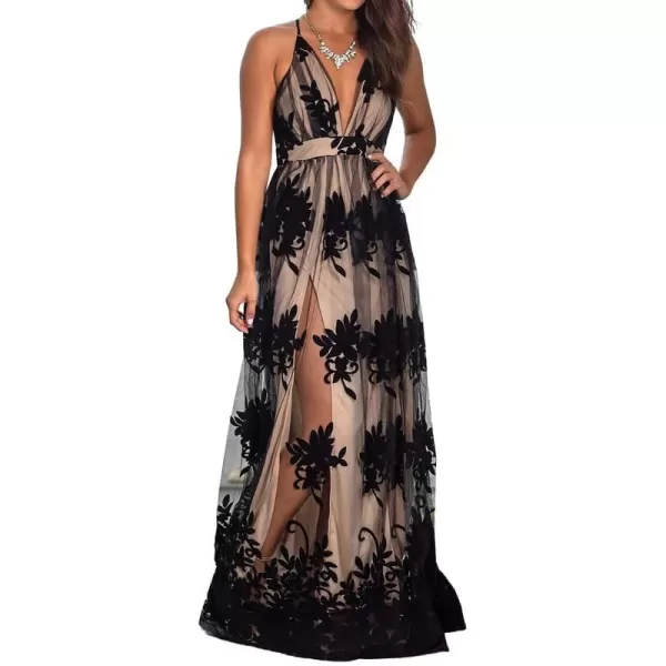 Dokotoo Womens 2023 Formal Dresses Plunging V-Neck Embroidered Floral Lace Mesh Velvet Maxi Dress