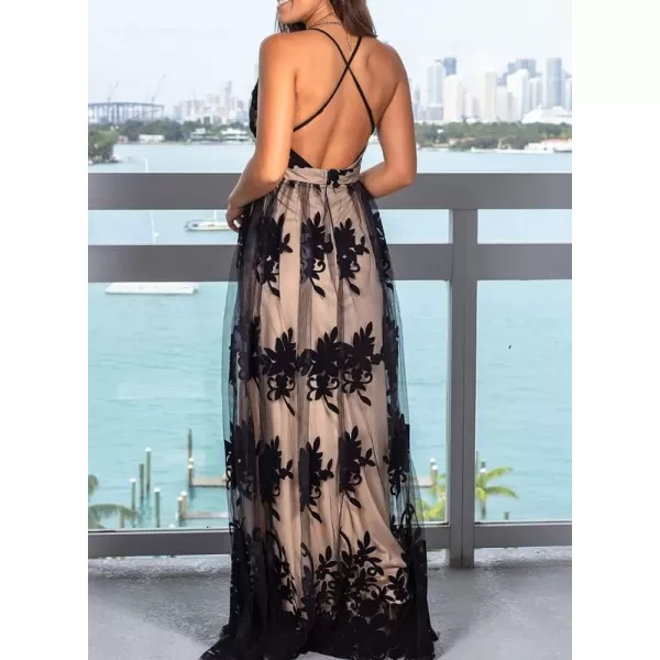 Dokotoo Womens 2023 Formal Dresses Plunging V-Neck Embroidered Floral Lace Mesh Velvet Maxi Dress